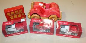 Harry Griffith Woodstuck Toymaker Car, Trolly Car by Woodland Craft, Three Coke Train Accessory Trucks 10" Harry Griffith Woodstuck Toymaker Car, Trolly Car by Woodland Craft 6", Three Coke Train Accessory Trucks 4".