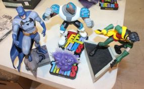 Group of Action Figures Paquet young Justin 2000 DC Comics 0329/1500, 8"h, 2003 Batman 2712/6000 (10"h) Teen Raven 2004 Raven Maquette 476/800 4"sq, Cyborg 2004 618/700, 8"h.