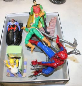 Action Figures Spiderman, robin, "Cruel Fate" Simpson Figure.