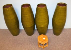 Four Green Bamboo Decorative Vases and Bamboo Stand Four Green Bamboo Decorative Vases 24"h., and Bamboo Stand 6"w., 7"h.