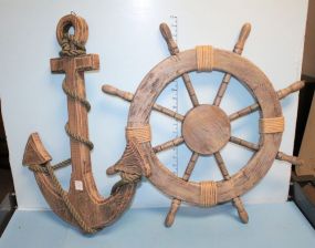 Two Decorative Wood Carved Ship Items, Anchor and Wheel 24"dia.