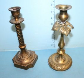 Two Odd Brass Candlesticks 8"h.