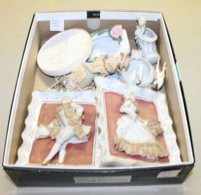 Box Lot of Items Includes two porcelain wall plaques 4"x 5", two christmas ornaments, small vintage porcelain vases (swan, shoe) Goebel porcelain dise 4"dia.