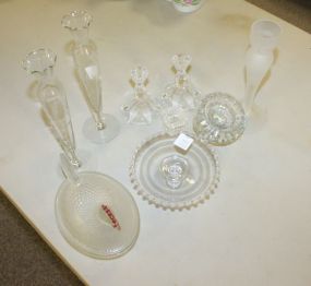 Group of Glass Chicken on nest, two etched bud vases, two individual salts, pair 3" candlesticks, 5" stand, frosted 6" candlestick.