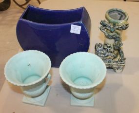 Pair Small Pottery Urn Shape Vases 5"h, Blue Moon Shaped Vase 7"h, and Oriental Style Vase 7"h..