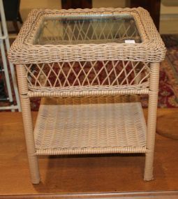 Small Wicker Side Table with Glass Top 15"sq., 17"h.