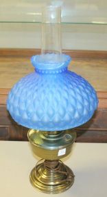 Brass Aladdin Lamp with Blue Satin Glass Shade Top of shade has cracks, 23"h.