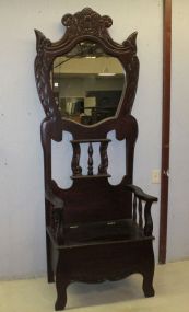 Mahogany Carved Hall Seat with Mirror and Lift Up Seat