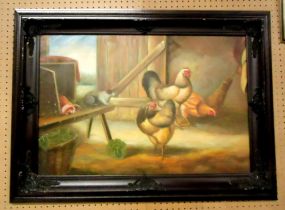 American School "Barnyard Scene" Oil on Canvas