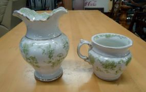 Green & White Sugar Bowl and Vase Green & white sugar bowl 3 1/2" h., green & white vase 6 1/4" h.