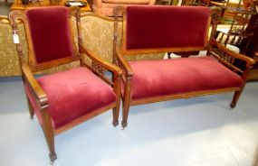Loveseat and Chair Set 1880s Cherry Loveseat 38"h. x 50 3/4"w. x 25"d. and matching chair 38"h. x 24"w. x 25"d. set, ruby color material.