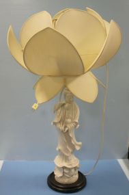 Large White Porcelain Quan Yen Lamp with fabric Tulip shade, 32"h.