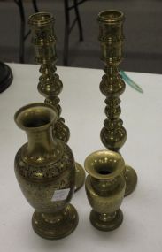 Pair of Brass Candlesticks and Two Vases Candlesticks 13"h., Vases 5", 9"h.