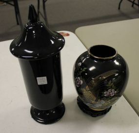 Two Black Glass Pieces One vase with gold decoration on stand 9"h., one covered jar 15"h.