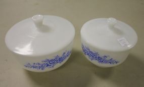 Two Covered Fire King Round Bowls 7", 8"dia.