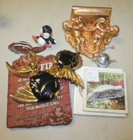 Miscellaneous Lot of Small Fish Plagues, Angle Sconce, Two Porcelain Animals, and Wood Plaque
