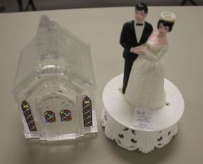 Vintage Wedding Cake Topper and Glass Church 14"h.