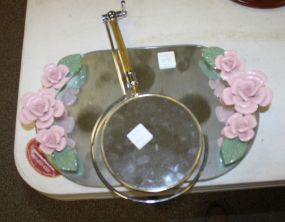 Dresser Top Mirror with applied roses 13"w., hand mirror.