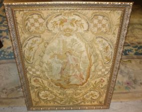 Framed Needlework of Courtship Scene 21"w., 26"h.
