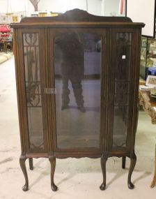 1940s China Cabinet center glass door, glass sides, and carved crest (3 shelves) 44"w., 16"d., 67"h.