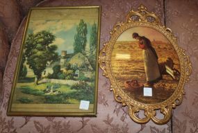 Two Vintage Prints "Lady praying in the Field" 12"w., 17"h., "Ducks walking in Front of Cottage" 10"w., 15"h.