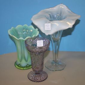 Three Victorian Glass Vases 6"-11"h, Trumpet Vase 11"h.