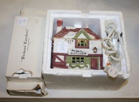 Hand Painted Porcelain Figure "Dickens Carolers", Village Train, and Bucher Shop