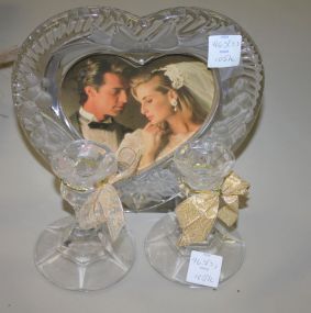 Heart Shaped Frame and Pair of Glass Candlesticks candlesticks 4"h.