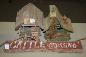 Two Bird Houses and Cattle Crossing Sign 18"w.,