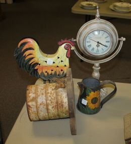 Painted Tin Rooster, "Houldy" Bird House, Tin Pitcher, Decorative Tin Clock
