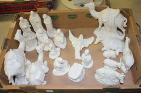 19 Piece White Ceramic Nativity Scene angel wing broken, figures 2"-7"h.