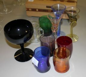 9 Decorative Colored Glasses 3"-5" and 2 Clear Glasses