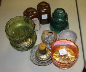 Miscellaneous Lot Includes 2 snuff bottles, 4" dia., merigold carnival dish, 2 small pottery pieces, insulator, 2 brass pieces, 2 green glass pieces.