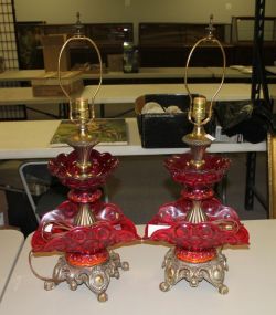 Pair of 1950's "Moon and Stars" Pattern L.G. Wright Lamps custom shades, 30"h.