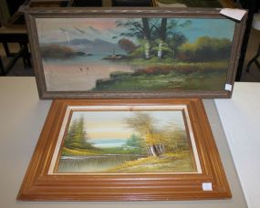 Two Vintage Landscape Paintings Vintage landscape painting 30"w., 14"h., and Landscape painting signed lower right, 23"w., 19"h.