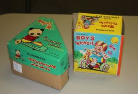 Tin Type Vintage Toys Boys Tricycle and Wind up Drumming Animal (panda), original boxes, 4"h.
