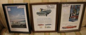 3 Framed Car Advertisements 1959 Cadillac, 1959 Chevrolet, and 1959 Thunderbird, 9"w., 12"h.