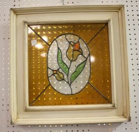 Square Framed Leaded Stained Glass Blue Tulip Window 21"sq.