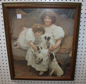 Print of 2 Girls with Puppies