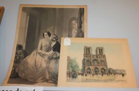 Colored Print of "Notre Dame", signed L. Parriot 1921 along with an Early 20th Century Print Entitled "Sympathy"