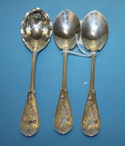 Three Sterling "Japanese" Pattern Spoons by Tiffany & Co. Sugar Spoon, two fruit spoons, 6". Pattern is "Japanese".