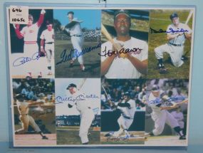 8 Baseball Greats Autographed Sleeve Pete Rose, Ted Williams, Hank Aaron, Willie Mays, Mickey Mantle, Reggie Jackson, Duke, Serial: 1105, Certificate of Authenticity, 8" x 10".