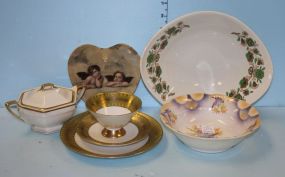 German Hand Painted Bowl, Vintage Iroquois China Serving Bowl, English Covered Sugar Bowl, "Thinking of You" Heart Shaped Porcelain Dish, Three Piece Westerling Bavarian Cup with Saucer, and a Bread Plate