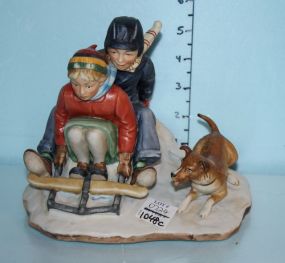 "Downhill Daring" First Edition Winter Large Norman Rockwell Figurine, Four Seasons for 1949 by Gorham