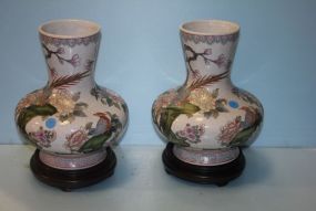 Pair of Hand Painted Bulbous Vases on Stands