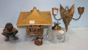 Brass Pagoda Shape Candle Holder, Frog Candlestick, Leaf Sconce, Glass Oil Lamp, and Coca-Cola Bottle Opener