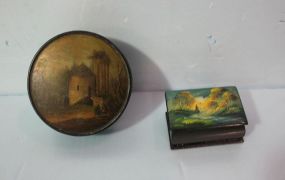 Two Hand Painted Pill Boxes Two Hand Painted Pill Boxes; one 2 1/2" x 1 1/2" x 1" with scene of stream, one 3 1/4" dia. Round