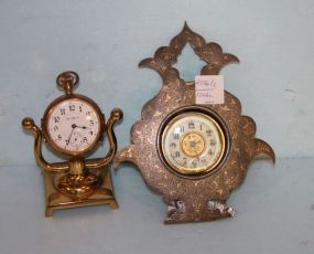 1878 (USA) Brass Wind Clock and an Illinois Watch Company Pocket Watch on Stand