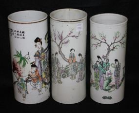 Three Porcelain Tubular Shaped Vases with Oriental Motif