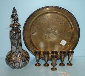 Vintage Glass Decanter, Sterling Silver Cordials and a Silverplate Tray